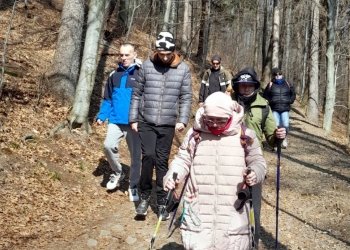 Na zdjęciu jest grupa osób ubranych w sportowe stroje i spacerujących ścieżką przez las. Jedna z osób ma kijki trekkingowe.