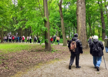 Na zdjęciu widać grupę ludzi spacerujących alejką przez zielony park. Uczestnicy wycieczki są ubrani w kurtki i plecaki, a część z nich porusza się spokojnym tempem wśród wysokich drzew i bujnej roślinności.  Na pierwszym planie znajdują się dwie osoby idące ścieżką — jedna z plecakiem, druga wspierająca się laską. Cała scena ma spokojny, rekreacyjny charakter. 