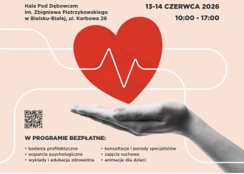 Plakat informuje o wydarzeniu prozdrowotnym pod nazwą „III Dni Zdrowia”, które odbędzie się w dniach 13–14 czerwca 2026 roku w godzinach 10:00–17:00 w Hali Pod Dębowcem im. Zbigniewa Pietrzykowskiego w Bielsku-Białej przy ul. Karbowej 26. Na plakacie dominuje duże czerwone serce z linią przypominającą zapis EKG, unoszone przez dłoń, co symbolizuje troskę o zdrowie i opiekę medyczną. Na dole plakatu znajdują się logotypy licznych partnerów i instytucji wspierających wydarzenie, związanych głównie z ochroną zdrowia, edukacją i pomocą społeczną.